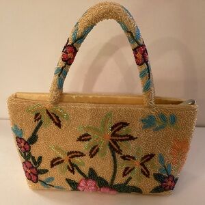 Tropical beaded purse yellow background with palm trees and island floral.